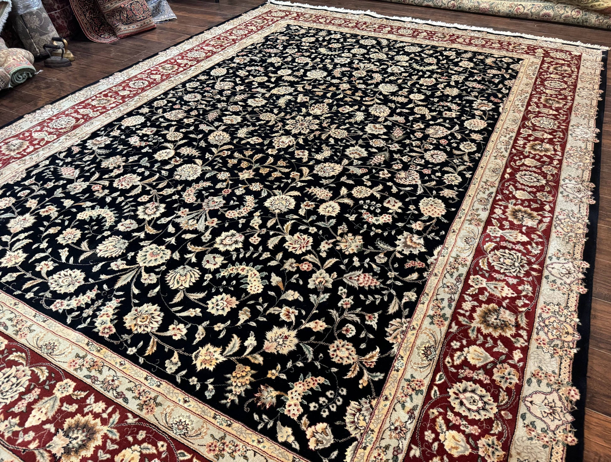 Sino Persian Rug 9x12, Fine Elegant Oriental Carpet 200 KPSI, Black and Dark Red, Allover Floral - Nuvé