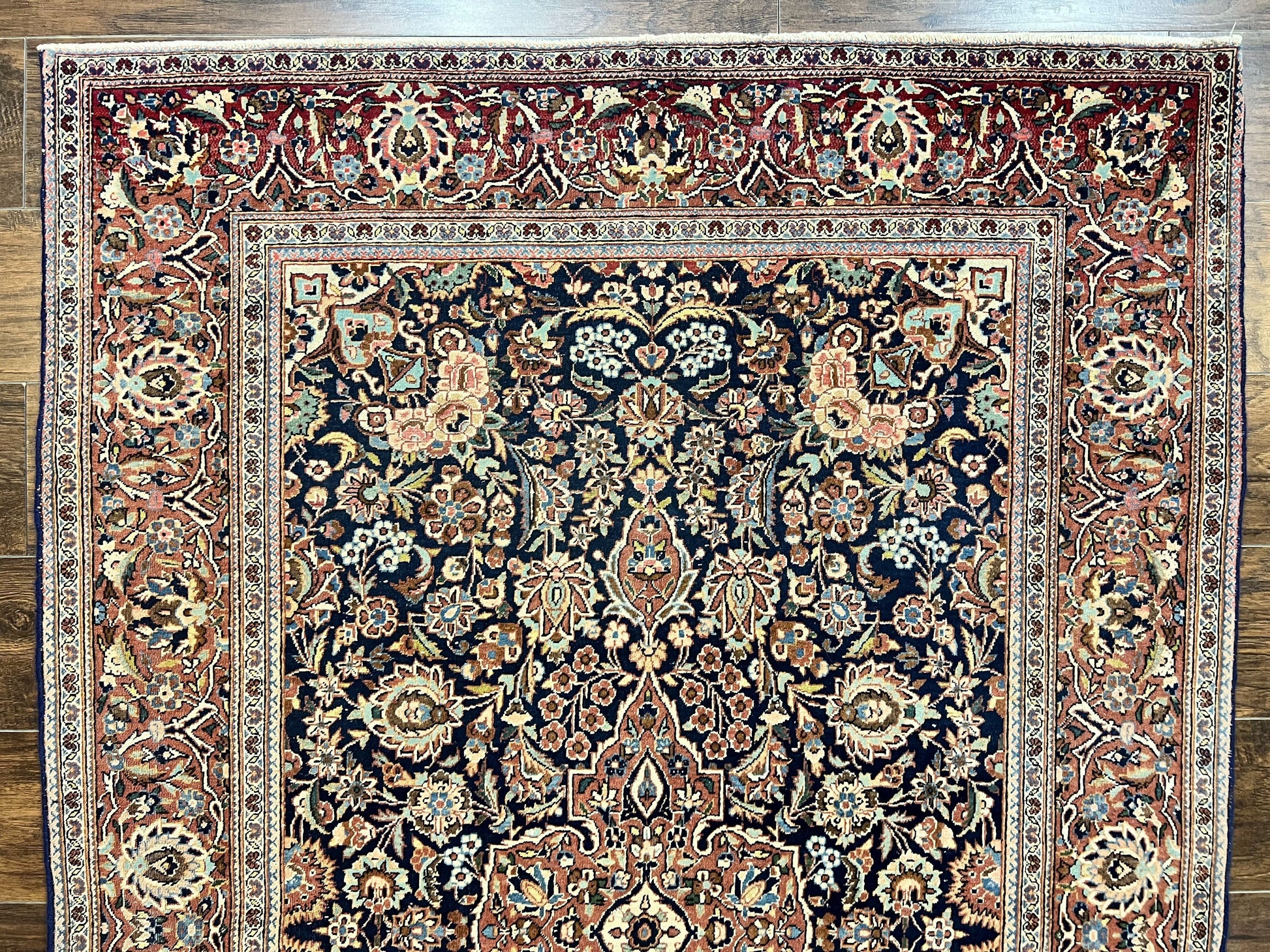 Persian Kashan Rug 4x7, Floral Medallion Vintage Handmade Hand Knotted Navy Blue & Red Wool Oriental Carpet, Highly Detailed Semi Antique Rug - Nuvé