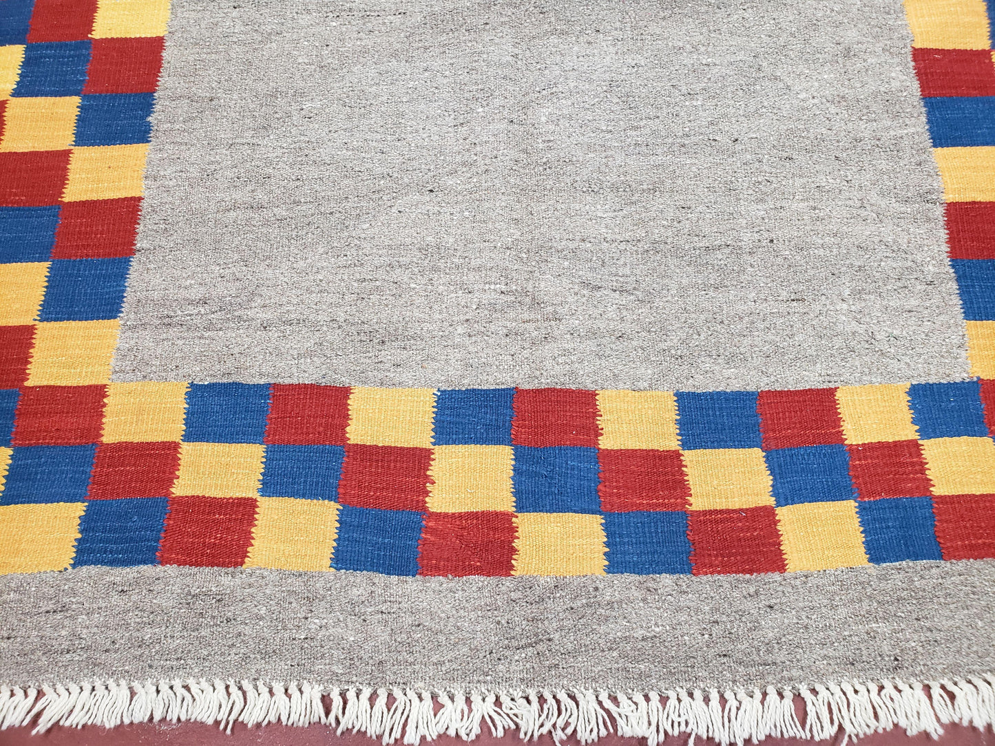 New Turkish Kilim Area Rug, Gray Carpet With Colorful Checker Border, 5'6" x 8", Flatweave Carpet, Playroom Rug, Kids Room Rug, Hand-Knotted - Nuvé