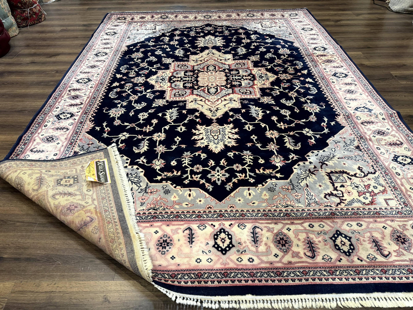 Karastan Rug 8x11 Navy Serapi, Kara Shah Rug, Navy Blue, Vintage Karastan Area Rug Wool Pile Karastan Rug - Nuvé