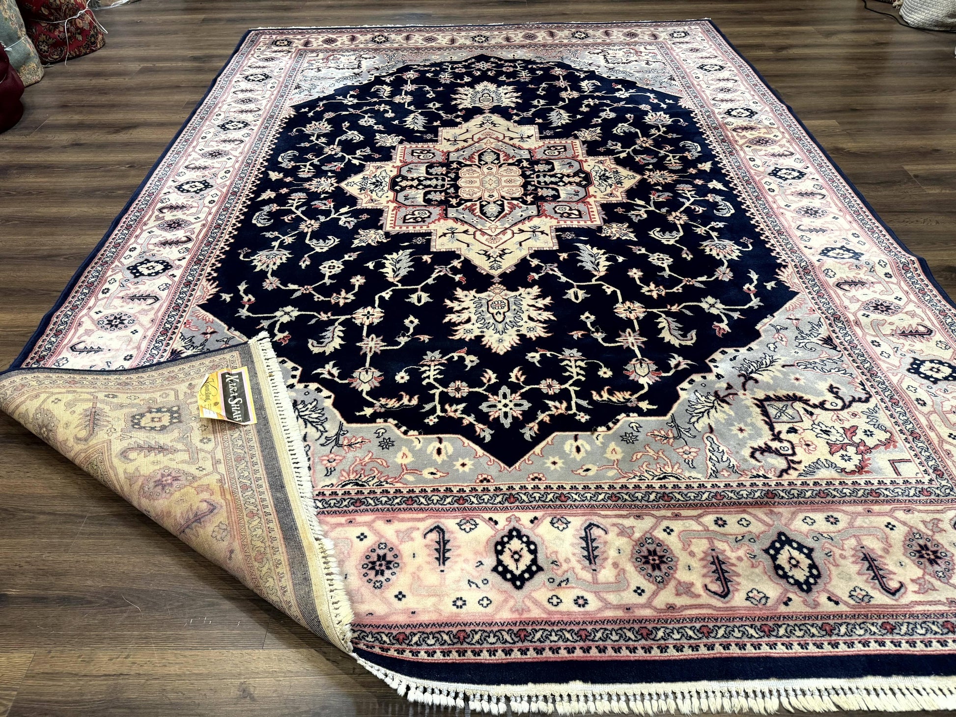 Karastan Rug 8x11 Navy Serapi, Kara Shah Rug, Navy Blue, Vintage Karastan Area Rug Wool Pile Karastan Rug - Nuvé