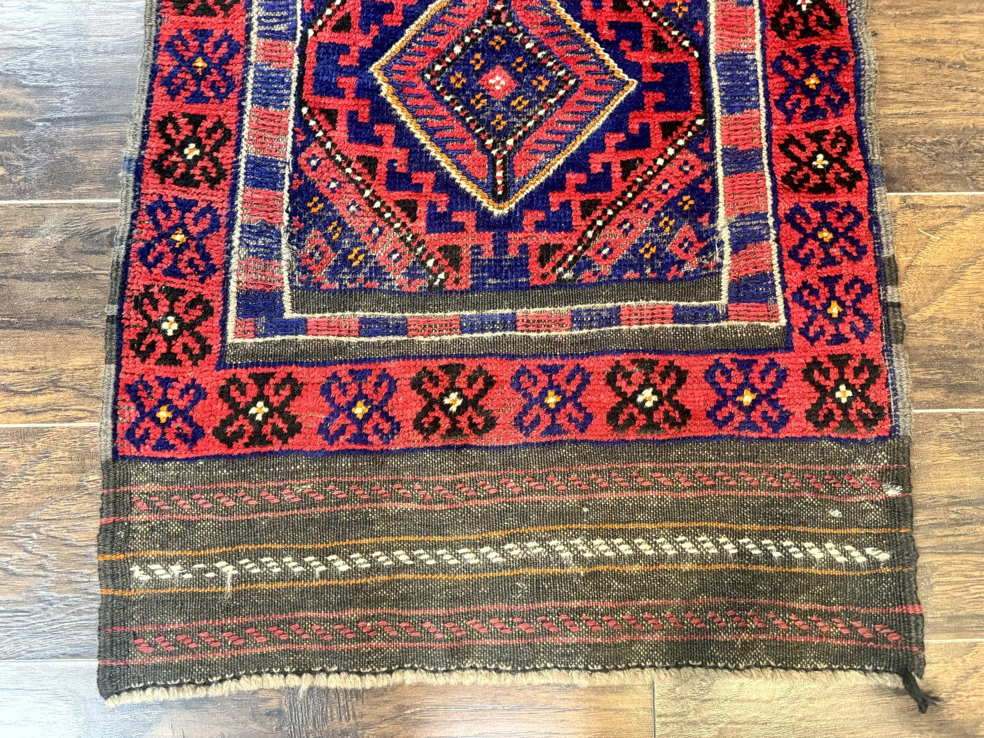 Turkoman Runner Rug 2 x 8.6, Skinny Runner, Handmade Wool Carpet for Hallway, Red and Blue, Wool, Vintage 8ft Runner - Nuvé
