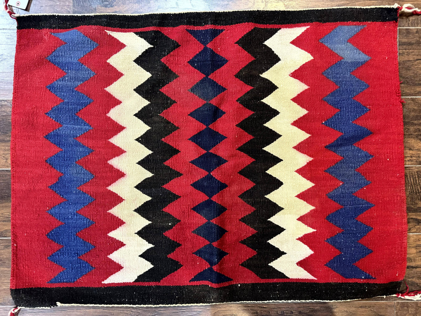 Antique Navajo Rug 3.7 x 2.8, Red Ivory Blue, Zig Zag Pattern, Handmade, Wool - Nuvé