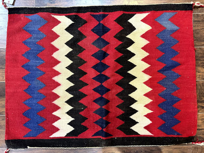 Antique Navajo Rug 3.7 x 2.8, Red Ivory Blue, Zig Zag Pattern, Handmade, Wool - Nuvé