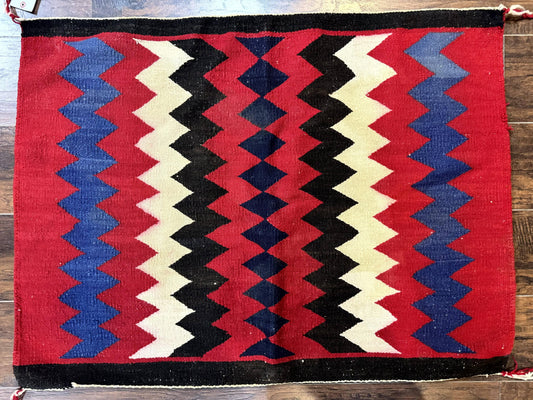 Antique Navajo Rug 3.7 x 2.8, Red Ivory Blue, Zig Zag Pattern, Handmade, Wool - Nuvé