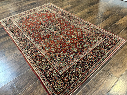 Persian Kashan Rug 4x7, Red and Navy Blue, Floral Antique Carpet - Nuvé