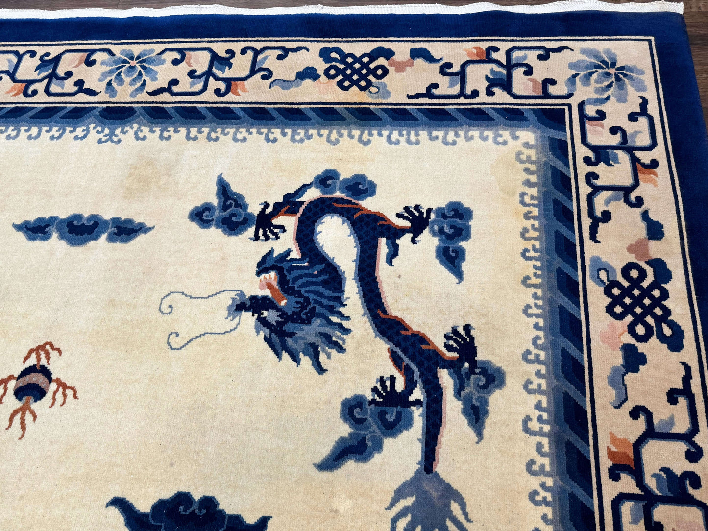 Chinese Dragon Peking Rug 8 x 11.6, Ivory and Blue, Chinese Wool Rug, Vintage - Nuvé
