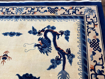 Chinese Dragon Peking Rug 8 x 11.6, Ivory and Blue, Chinese Wool Rug, Vintage - Nuvé