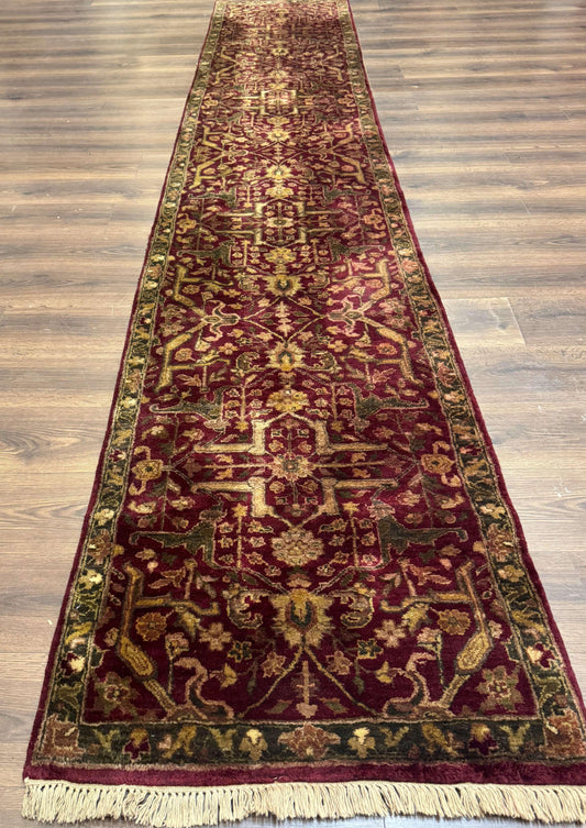 Indo Persian Runner Rug 2.7 x 13.8, Maroon, Wool, Handmade Indian Rug for Hallway - Nuvé