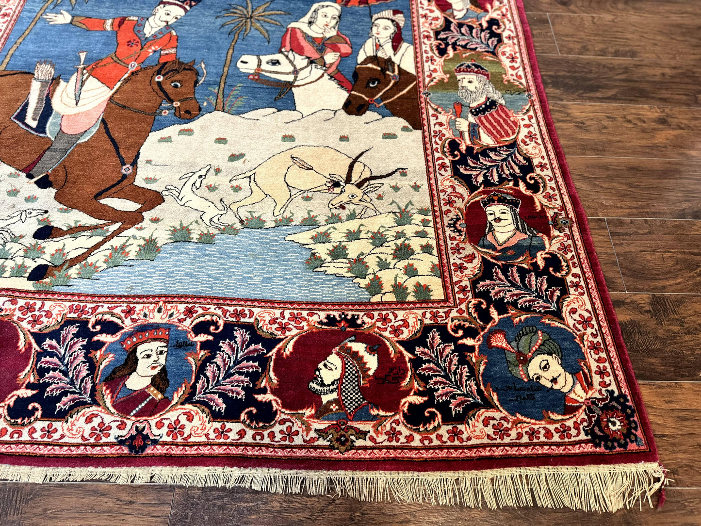 Rare Persian Kashan Pictorial Rug 6x9, King Bahram Hunting Scene, Persian Kings, Hand Knotted Persian Rug for Wall Hanging, Antique, Wool - Nuvé