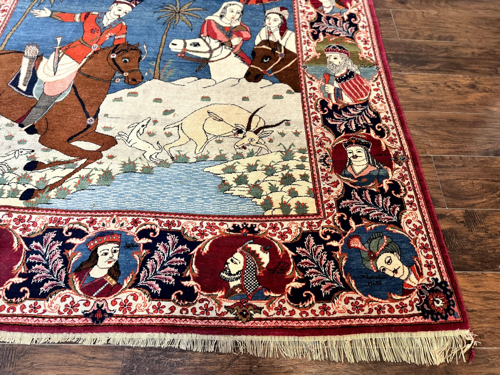 Rare Persian Kashan Pictorial Rug 6x9, King Bahram Hunting Scene, Persian Kings, Hand Knotted Persian Rug for Wall Hanging, Antique, Wool - Nuvé