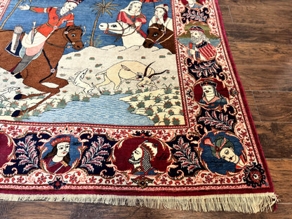 Rare Persian Kashan Pictorial Rug 6x9, King Bahram Hunting Scene, Persian Kings, Hand Knotted Persian Rug for Wall Hanging, Antique, Wool - Nuvé