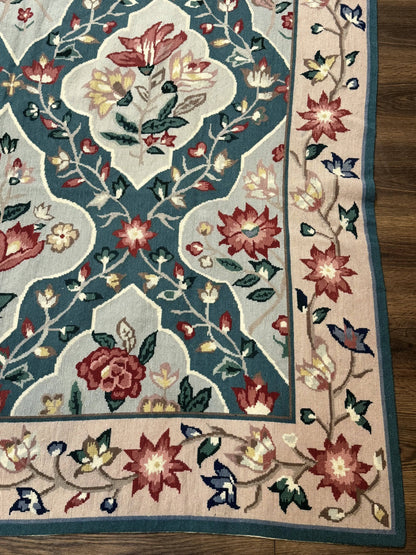 Teal Needlepoint Rug 6x9, Panel Design, Floral Bouquets, Handmade - Nuvé