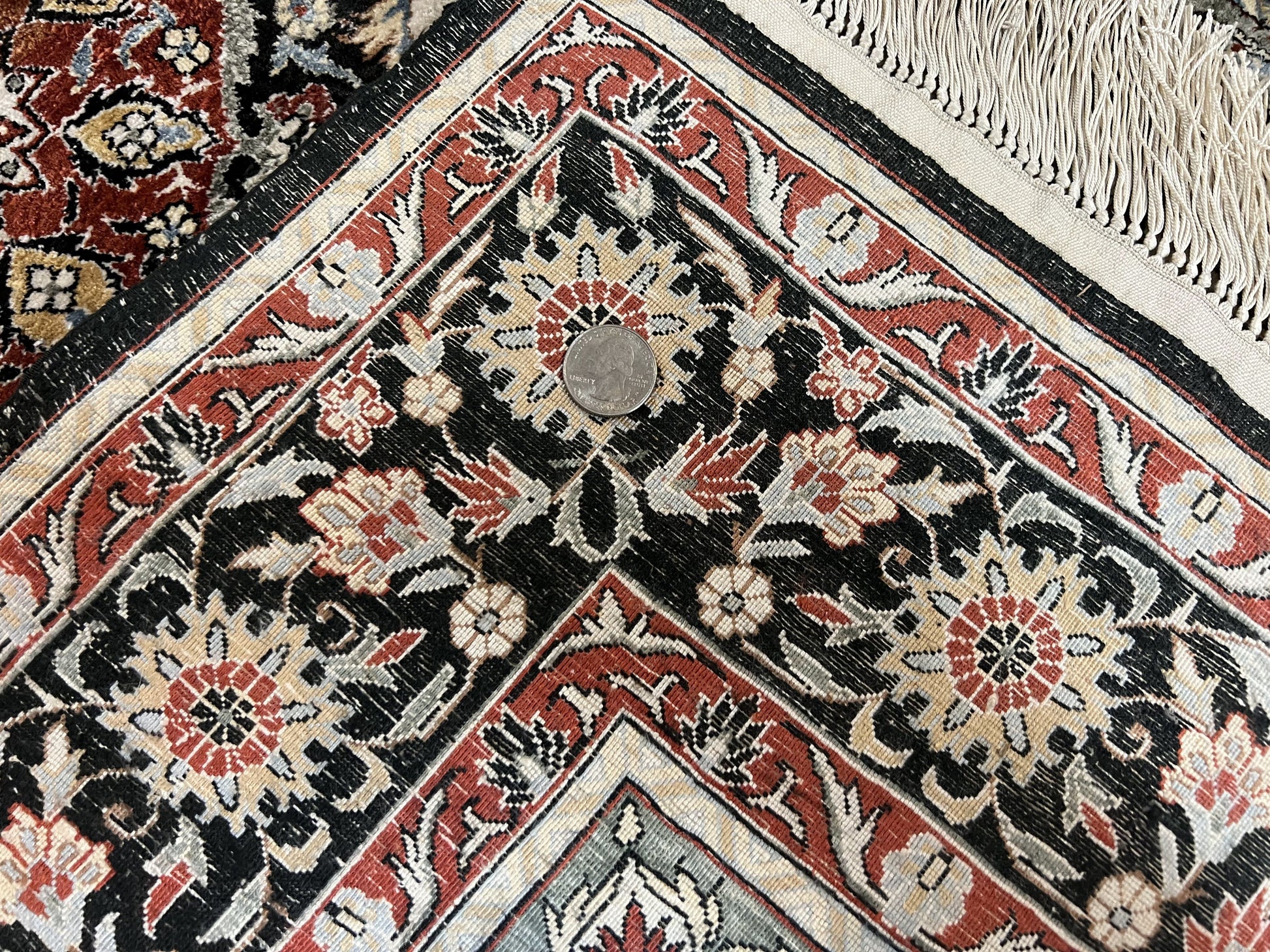 Silk Sino Persian Rug 3x5, Floral Medallion, Hand Knotted Silk Pile Silk Foundation, Traditional Silk Handmade Oriental Carpet, Cream Black - Nuvé