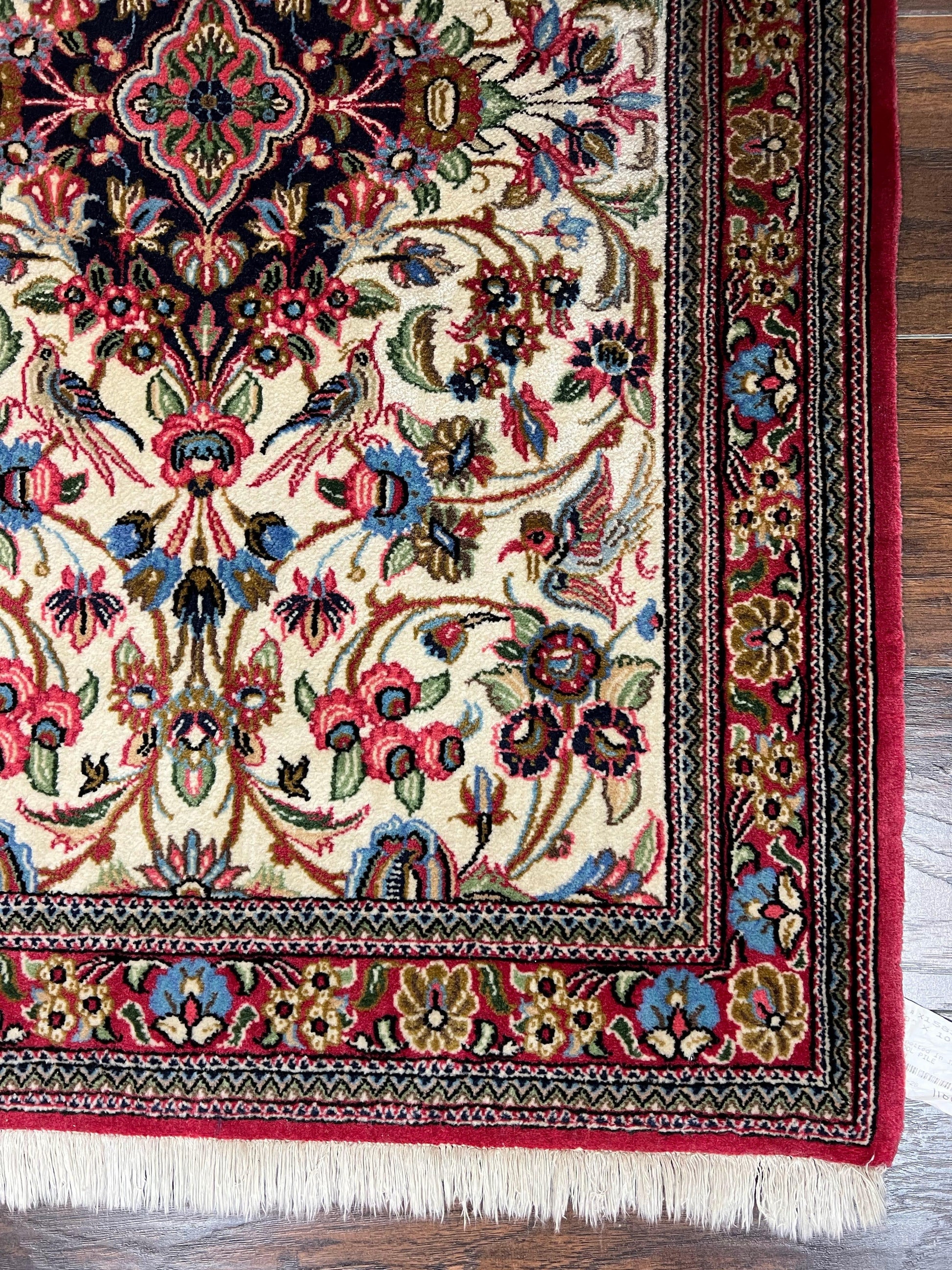 Wonderful Persian Qum Runner Rug 2.8 x 10 ft, Floral Medallions with Bird Motifs, Hand Knotted Wool Fine Oriental 10ft Hallway Runner, Cream Red - Nuvé