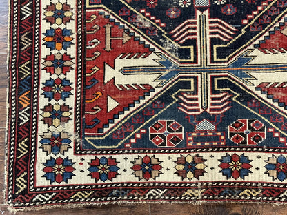 Antique Shirvan Caucasian Rug 3x5, Geometric Pattern, Red Navy Blue Beige - Nuvé