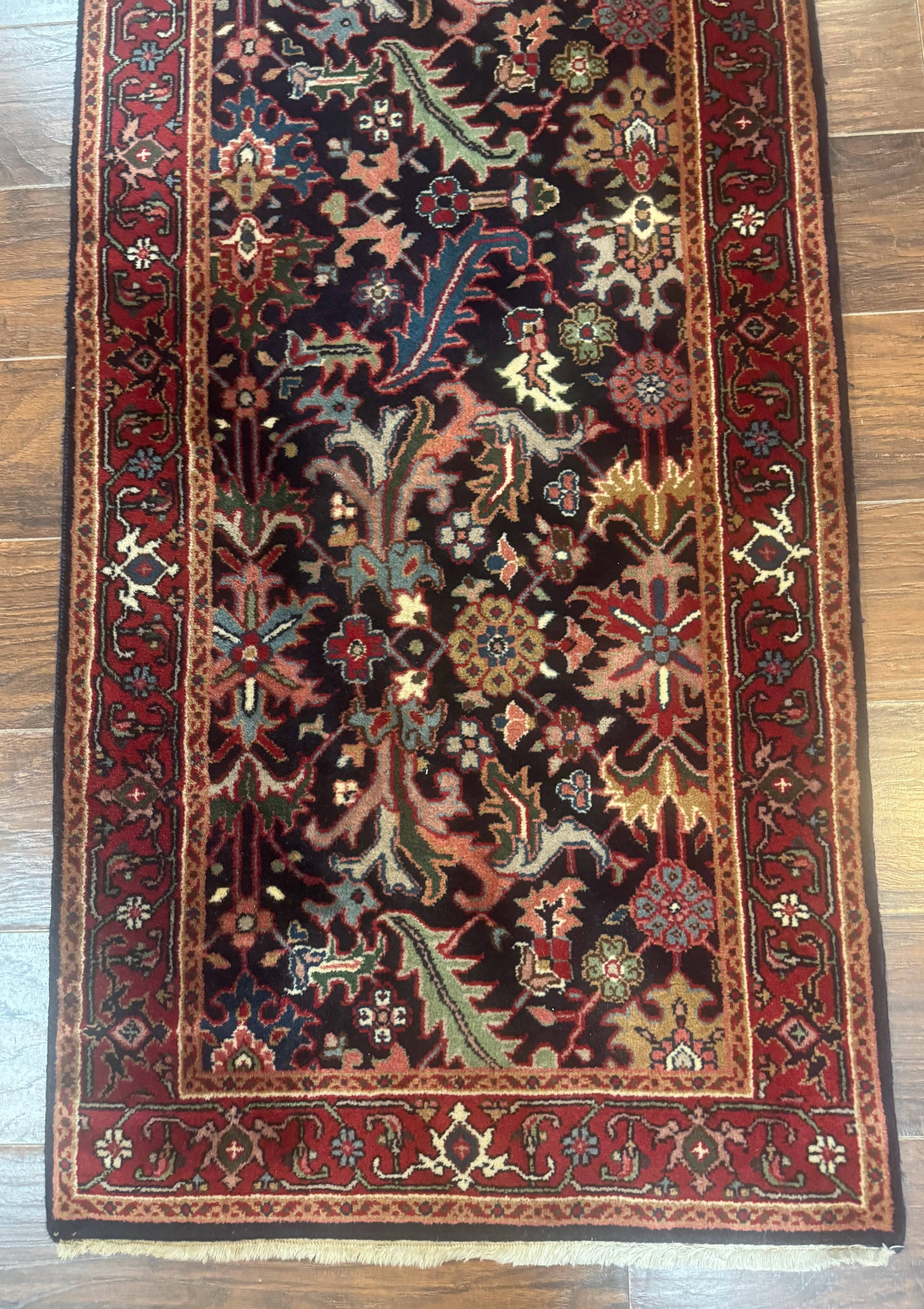 Indo Persian Runner Rug 2.7 x 13, Navy Blue and Red, Allover Floral, Wool, 13ft Runner - Nuvé