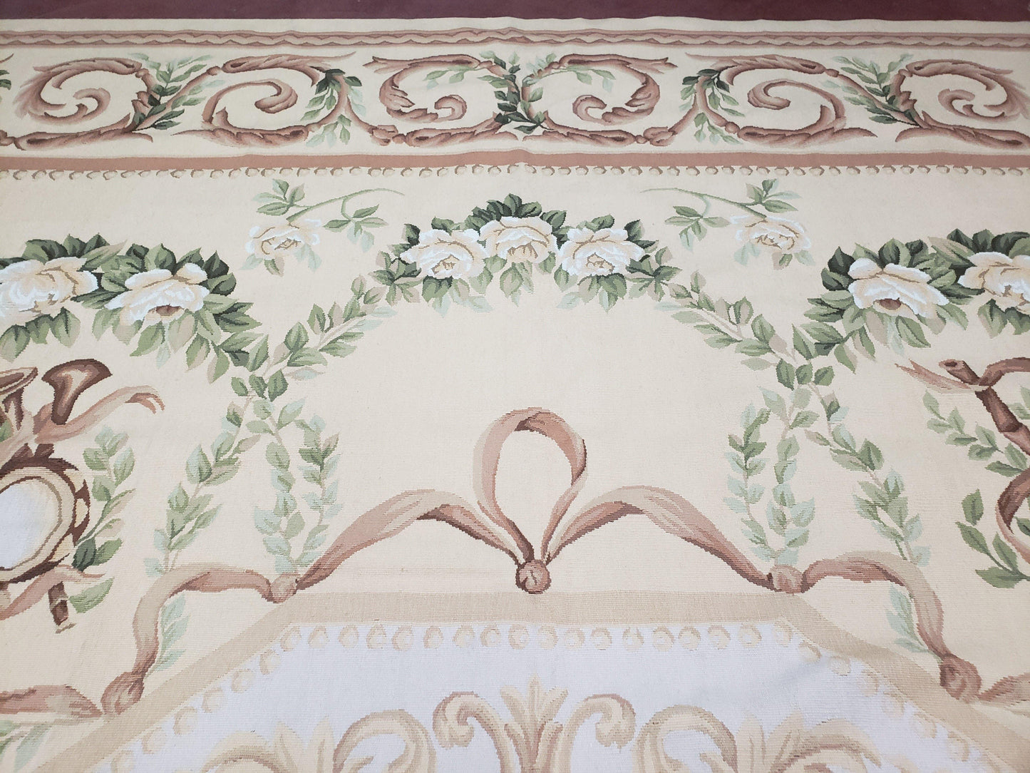Elegant Aubusson Rug 10 x 14, Cream and Ivory Simple Aubusson Floral Carpet, Hand-Woven, European, New Aubusson Rug, Wool Area Rug, Violins - Nuvé