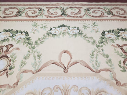 Elegant Aubusson Rug 10 x 14, Cream and Ivory Simple Aubusson Floral Carpet, Hand-Woven, European, New Aubusson Rug, Wool Area Rug, Violins - Nuvé