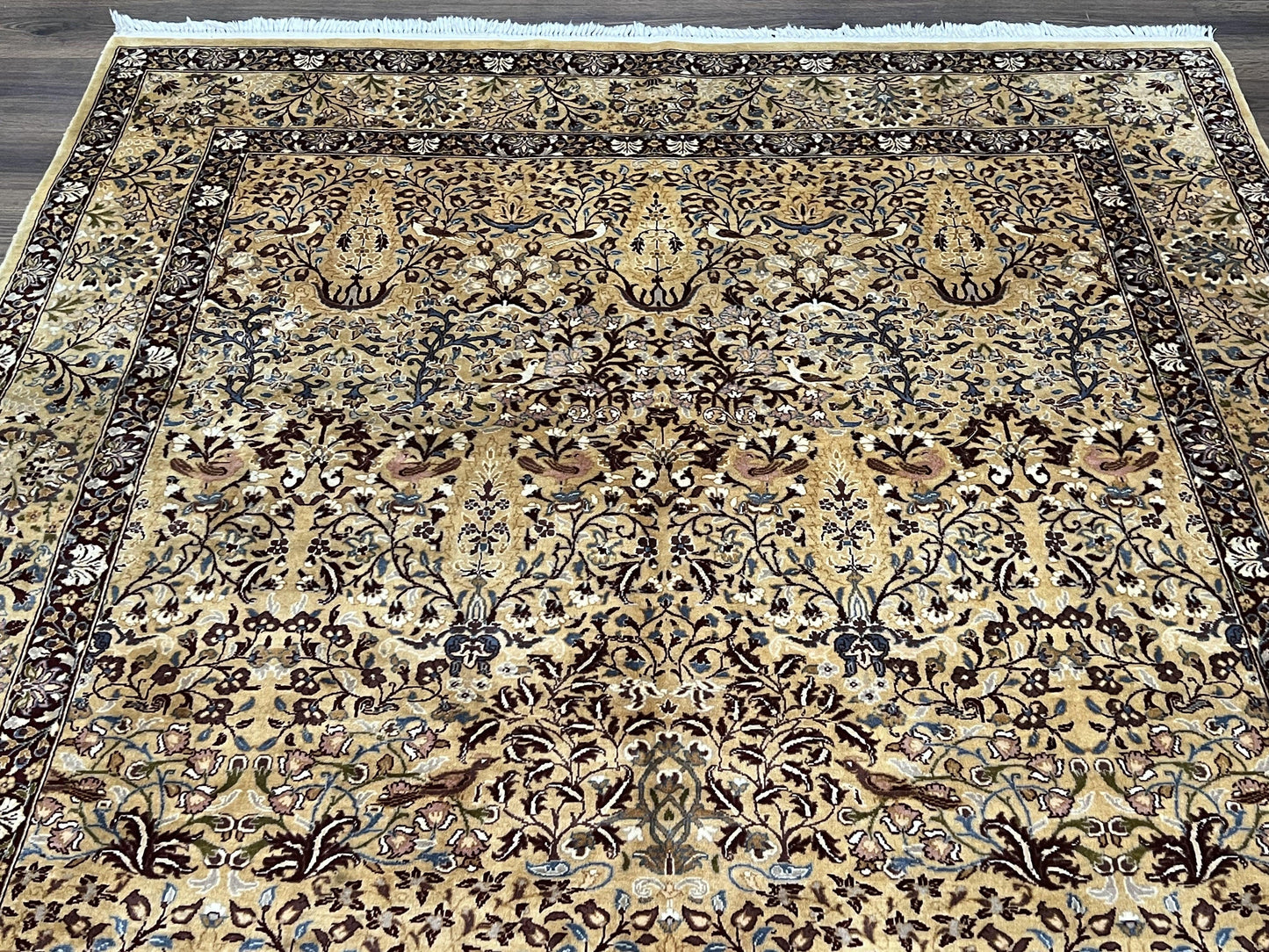 Pretty Indo Persian Rug 6x9, Allover Floral Motif with Birds, Tan/Cream, Very Fine Oriental Carpet, Hand Knotted Vintage Indian Wool Rug - Nuvé