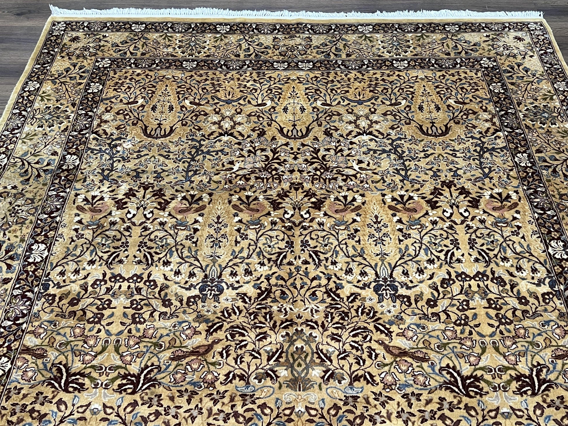 Pretty Indo Persian Rug 6x9, Allover Floral Motif with Birds, Tan/Cream, Very Fine Oriental Carpet, Hand Knotted Vintage Indian Wool Rug - Nuvé