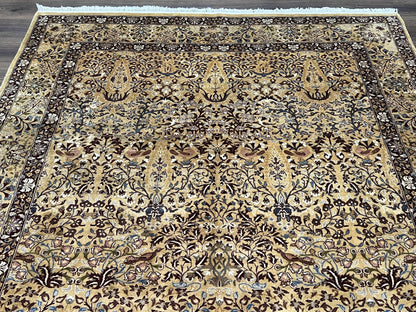Pretty Indo Persian Rug 6x9, Allover Floral Motif with Birds, Tan/Cream, Very Fine Oriental Carpet, Hand Knotted Vintage Indian Wool Rug - Nuvé