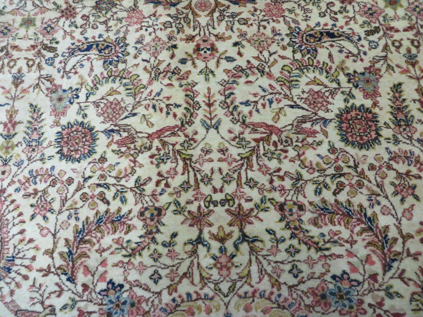 Persian Tabriz Rug 8x10, Antique Authentic Wool Oriental Carpet 8 x 10 ft, Bird Motifs Floral Boteh Paisleys, Cream Red Blue Vintage Handmade Rug - Nuvé