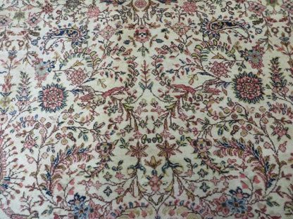Persian Tabriz Rug 8x10, Antique Authentic Wool Oriental Carpet 8 x 10 ft, Bird Motifs Floral Boteh Paisleys, Cream Red Blue Vintage Handmade Rug - Nuvé