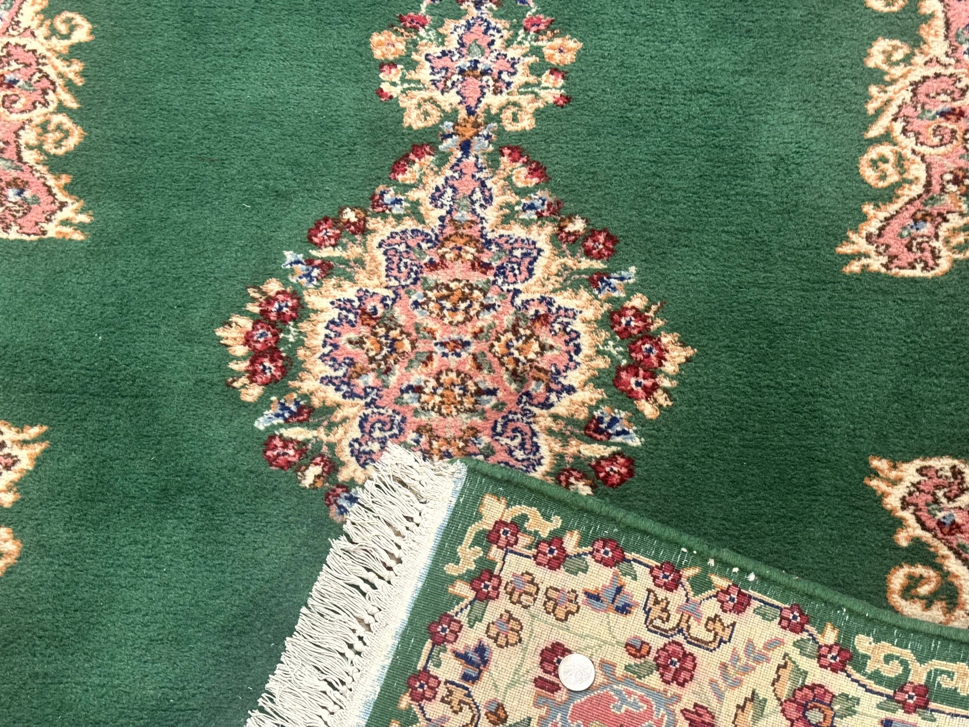 Green Persian Kerman Rug 4x6, Semi Open Field, Green & Cream, Vintage - Nuvé