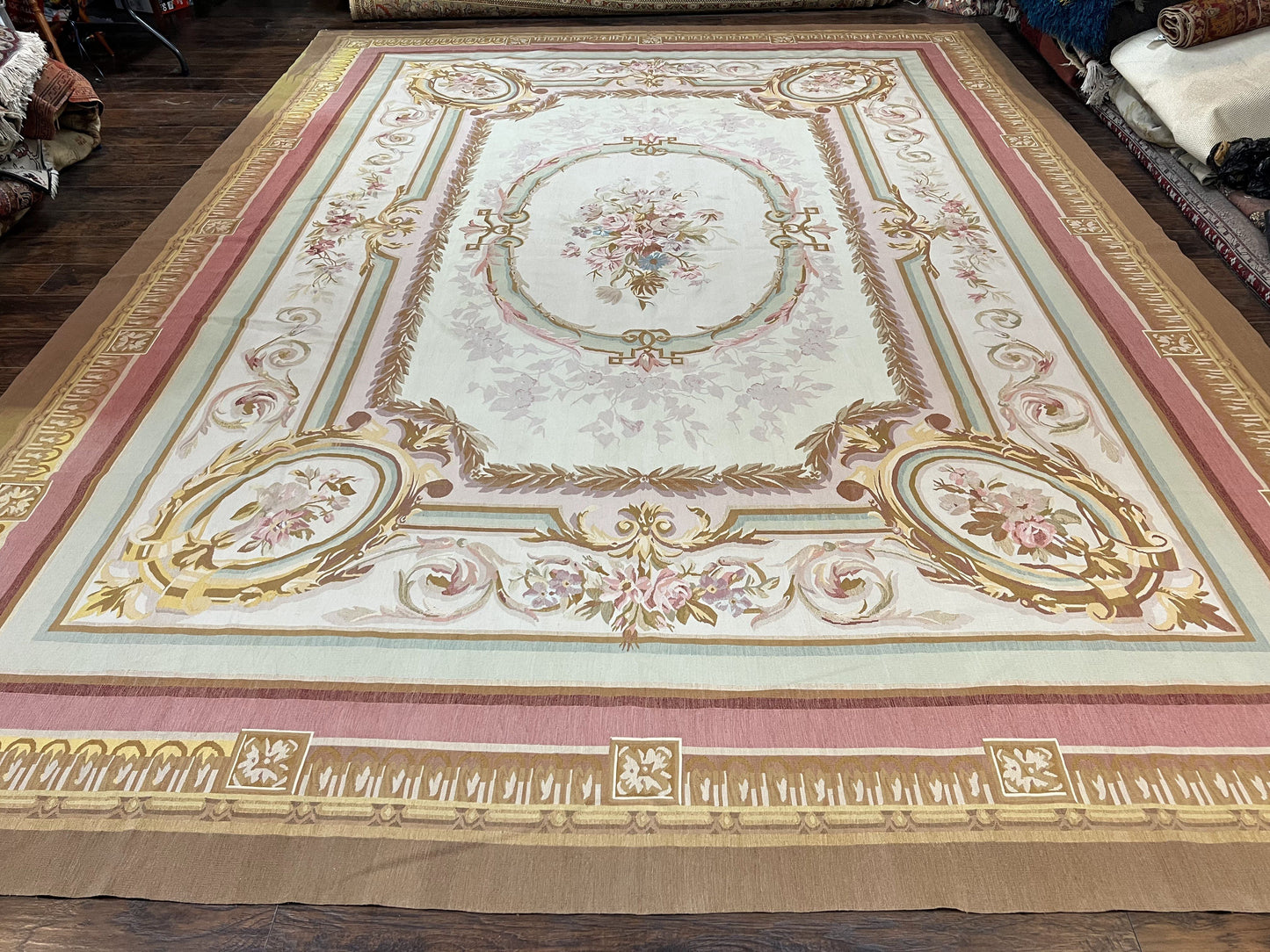 Large Aubusson Rug 11x15, Oversized Gallery Palace Size Flatweave Savonnerie Carpet 11 x 15 ft, Wool Handmade Vintage Elegant European - Nuvé