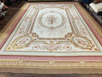 Large Aubusson Rug 11x15, Oversized Gallery Palace Size Flatweave Savonnerie Carpet 11 x 15 ft, Wool Handmade Vintage Elegant European - Nuvé