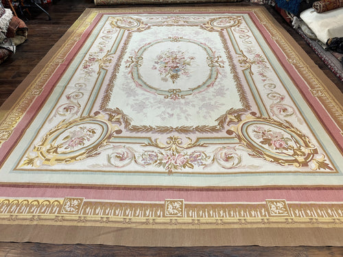 Large Aubusson Rug 11x15, Oversized Gallery Palace Size Flatweave Savonnerie Carpet 11 x 15 ft, Wool Handmade Vintage Elegant European - Nuvé
