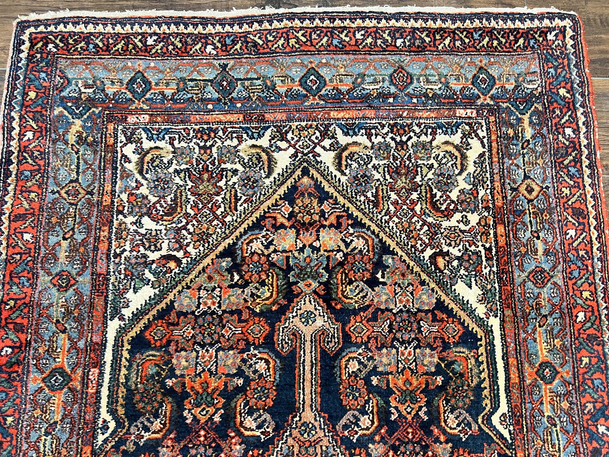 Antique Persian Runner Rug 3.7 x 15.8, Navy Blue Multicolor, Hand Knotted Handmade Wool Rug for Hallway, Geometric Medallions, Persian Hamadan Rug - Nuvé