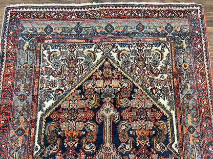 Antique Persian Runner Rug 3.7 x 15.8, Navy Blue Multicolor, Hand Knotted Handmade Wool Rug for Hallway, Geometric Medallions, Persian Hamadan Rug - Nuvé