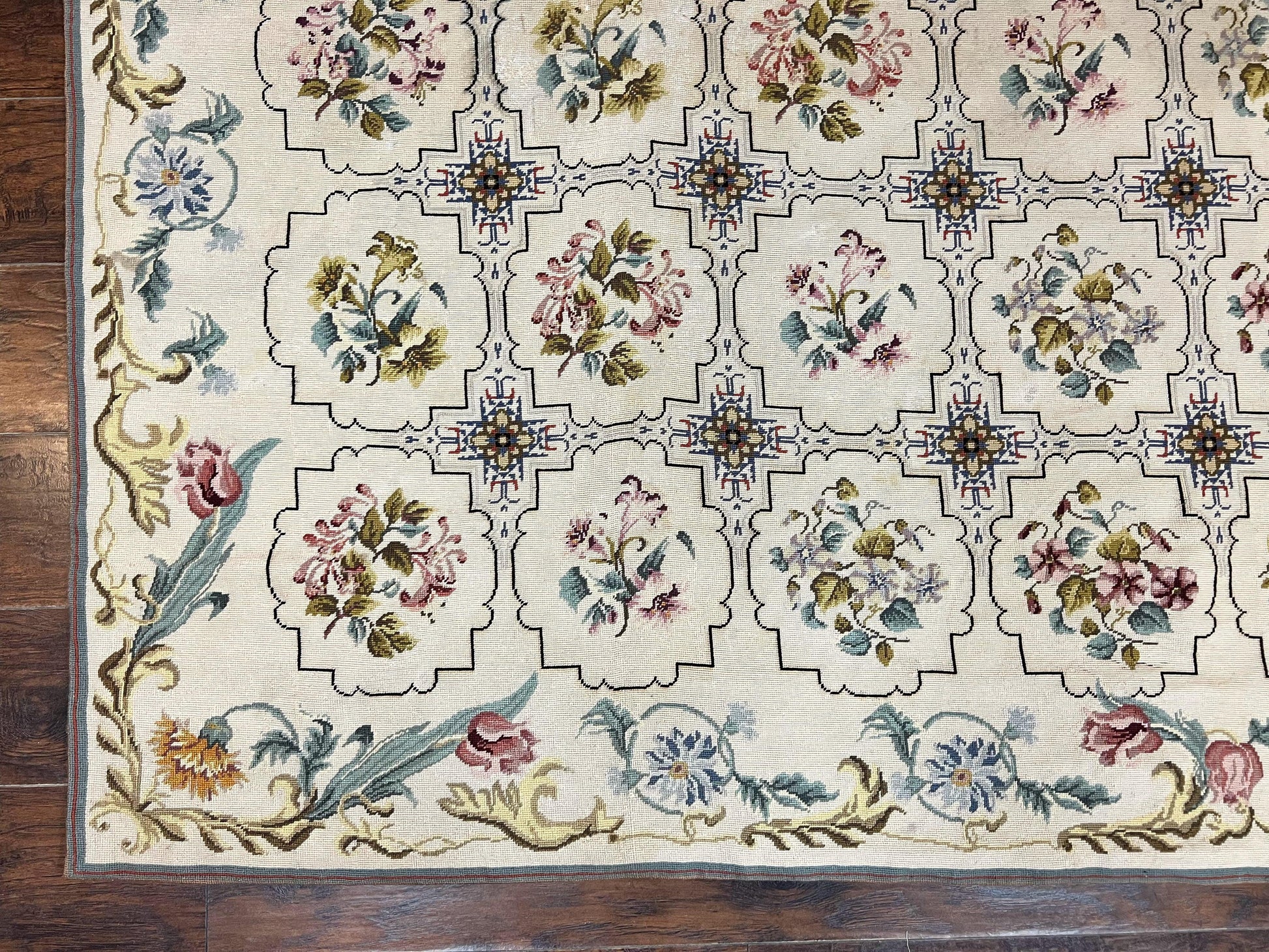 Needlepoint Rug 10x14, Wool Handmade Vintage Needlepoint Carpet, Floral Panel Design, Ivory/Cream - Nuvé
