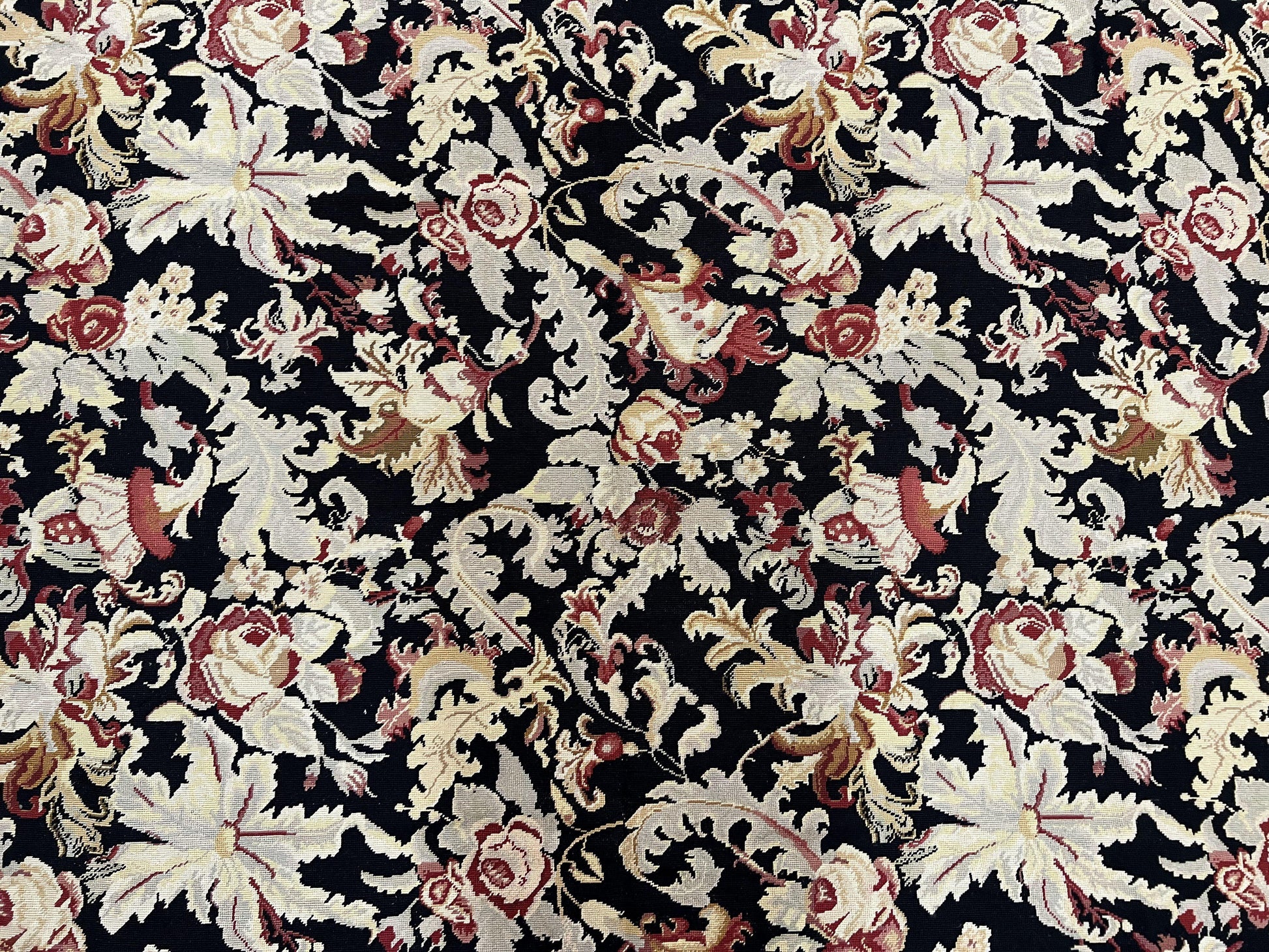 Wool Needlepoint Rug 9x12, William Morris Vintage Chinese Needlepoint Carpet 9 x 12, Handwoven, Allover Floral Area Rug, Black Light Green - Nuvé