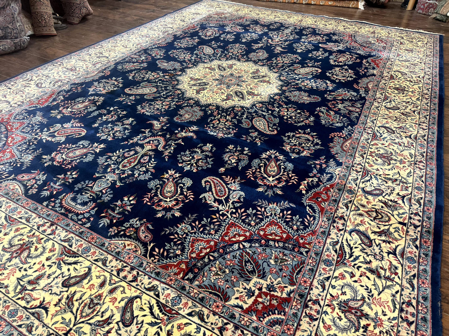 Sino Persian Kerman Rug 10x14, Blue and Beige, Floral Medallion, Fine 240 KPSI - Nuvé