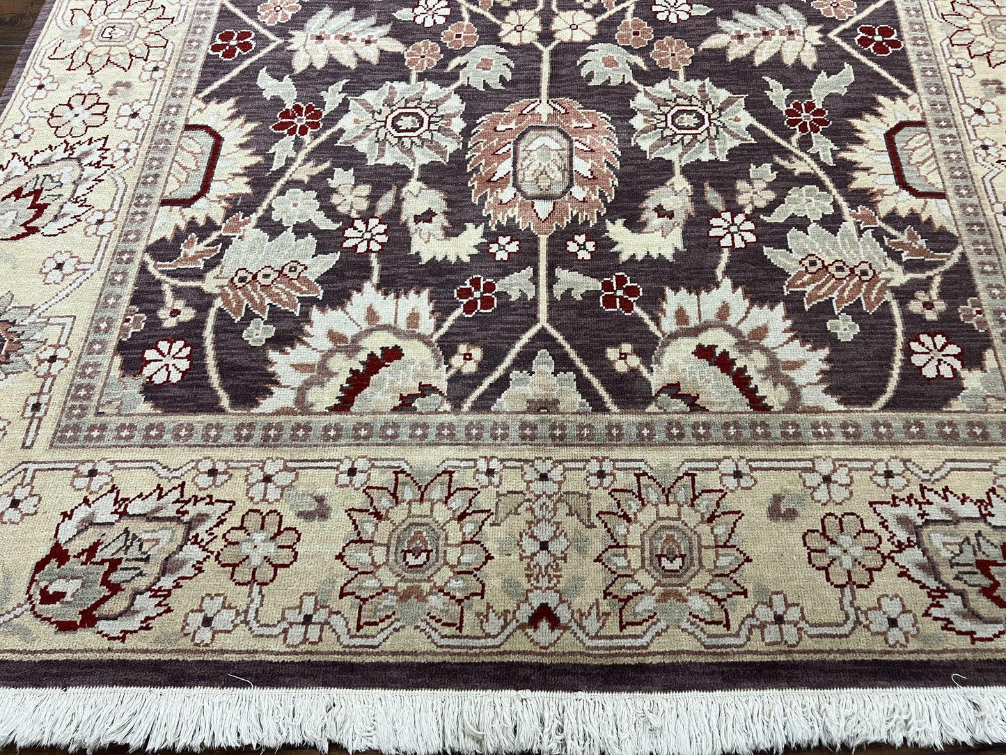 Vintage Indo Mahal Area Rug 6x9, Indian Persian Oriental Carpet 6 x 9, Puce Eggplant Tan Beige Rug, Hand-Knotted, Large Floral Design Wool - Nuvé