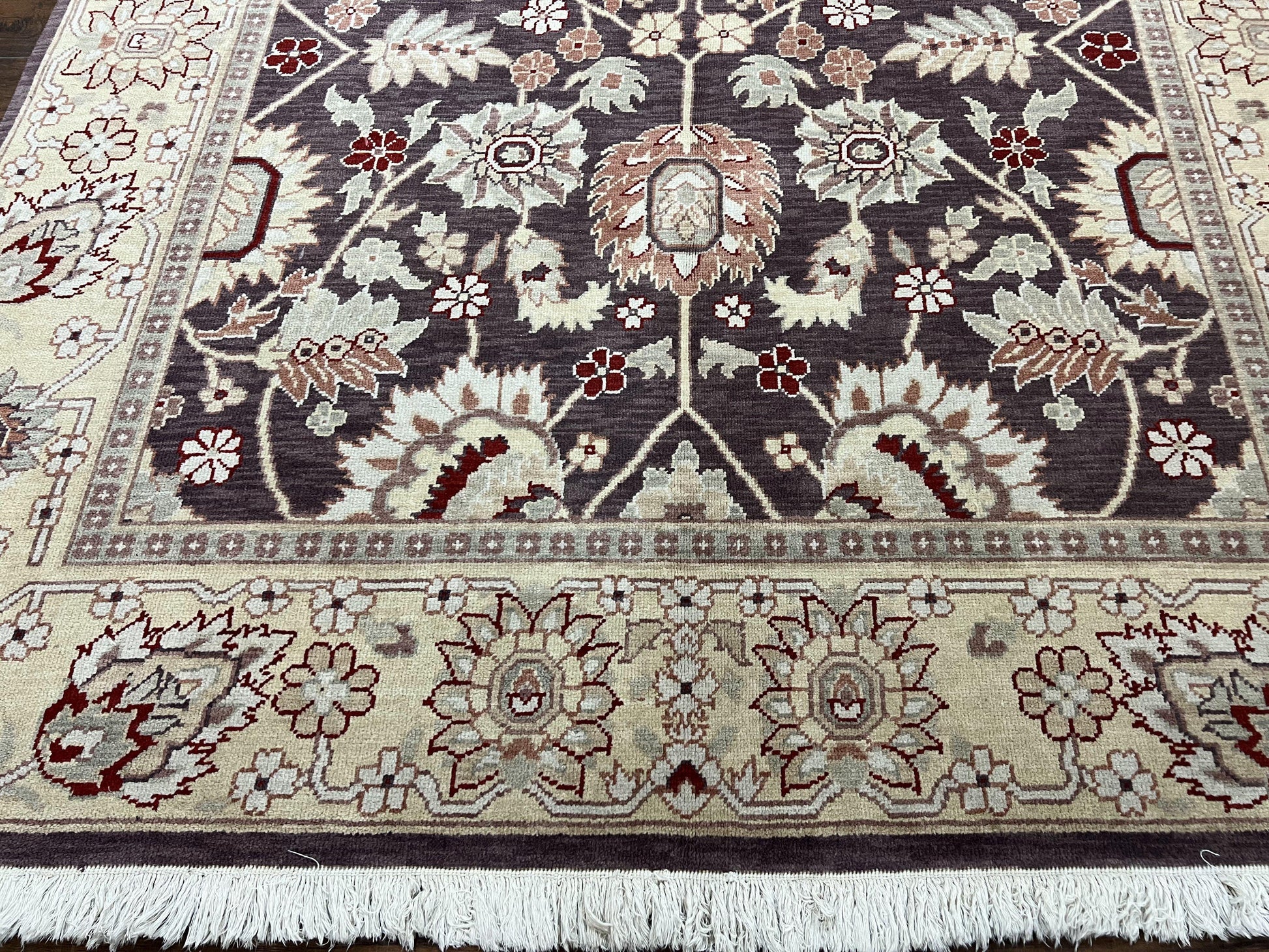 Vintage Indo Mahal Area Rug 6x9, Indian Persian Oriental Carpet 6 x 9, Puce Eggplant Tan Beige Rug, Hand-Knotted, Large Floral Design Wool - Nuvé