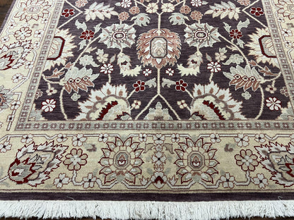 Vintage Indo Mahal Area Rug 6x9, Indian Persian Oriental Carpet 6 x 9, Puce Eggplant Tan Beige Rug, Hand-Knotted, Large Floral Design Wool - Nuvé