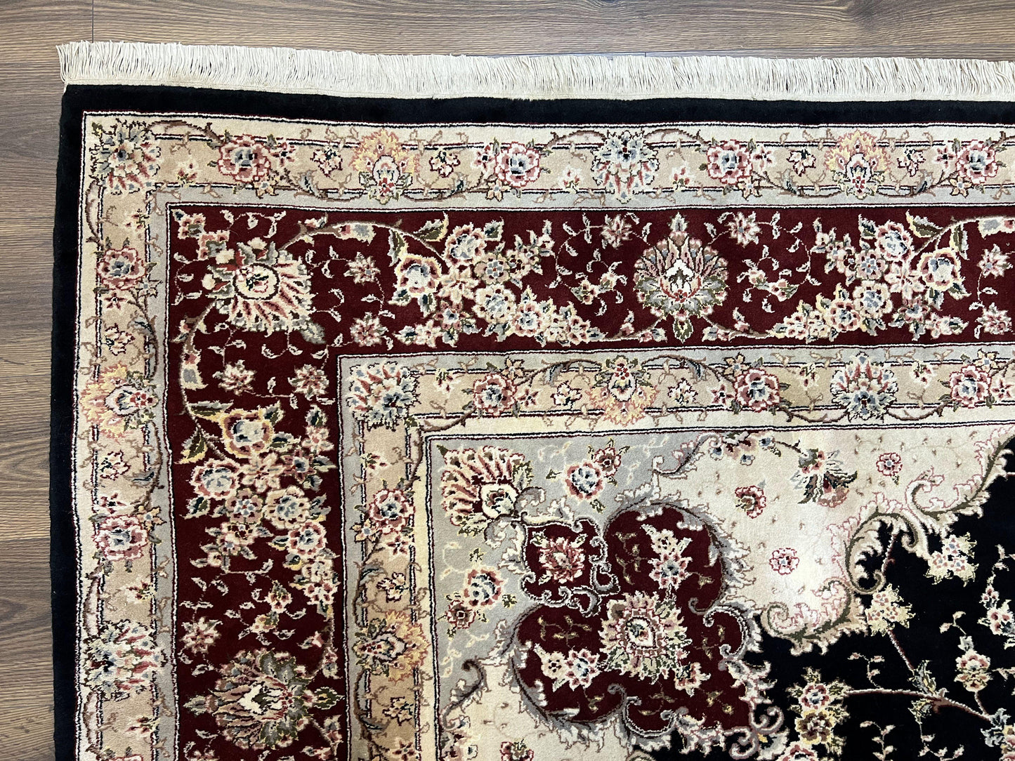 Pak Persian Rug 8.8 x 10.6, Floral Medallion, Wool and Silk Hand Knotted Fine Oriental Carpet, Elegant Rug, Black Gray Burgundy, Room Sized - Nuvé