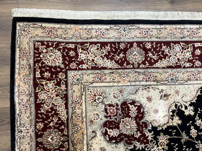 Pak Persian Rug 8.8 x 10.6, Floral Medallion, Wool and Silk Hand Knotted Fine Oriental Carpet, Elegant Rug, Black Gray Burgundy, Room Sized - Nuvé