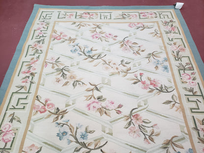 Vintage Aubusson Area Rug, Aubusson Flat weave Carpet, Floral Geometric Pattern, Beige Teal Green, 4x6 Rug, European Design - Nuvé