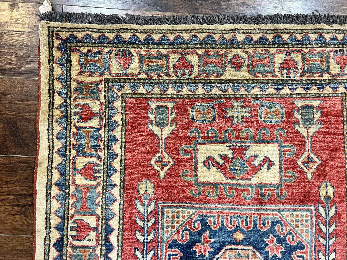 Turkish Kazak Rug 3x4, Wool Hand Knotted Small Vintage Carpet, Red Navy Blue, 3 x 4 Oriental Rug, Geometric Design - Nuvé