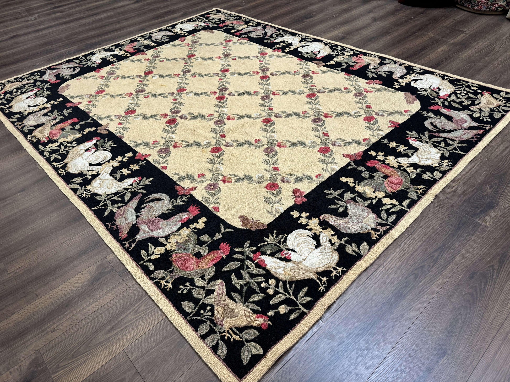 Vintage Hooked Rug 7x9, Rosters in Border, Roses and Butterflies - Nuvé