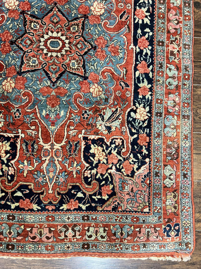 Antique Persian Bidjar Rug 4x5, Red and Blue, Hand Knotted Wool Carpet - Nuvé