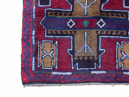 2' 10" X 4' 9" Vintage Handmade Tribal Wool Rug Balouchi Rug Afghan Rug Red Blue