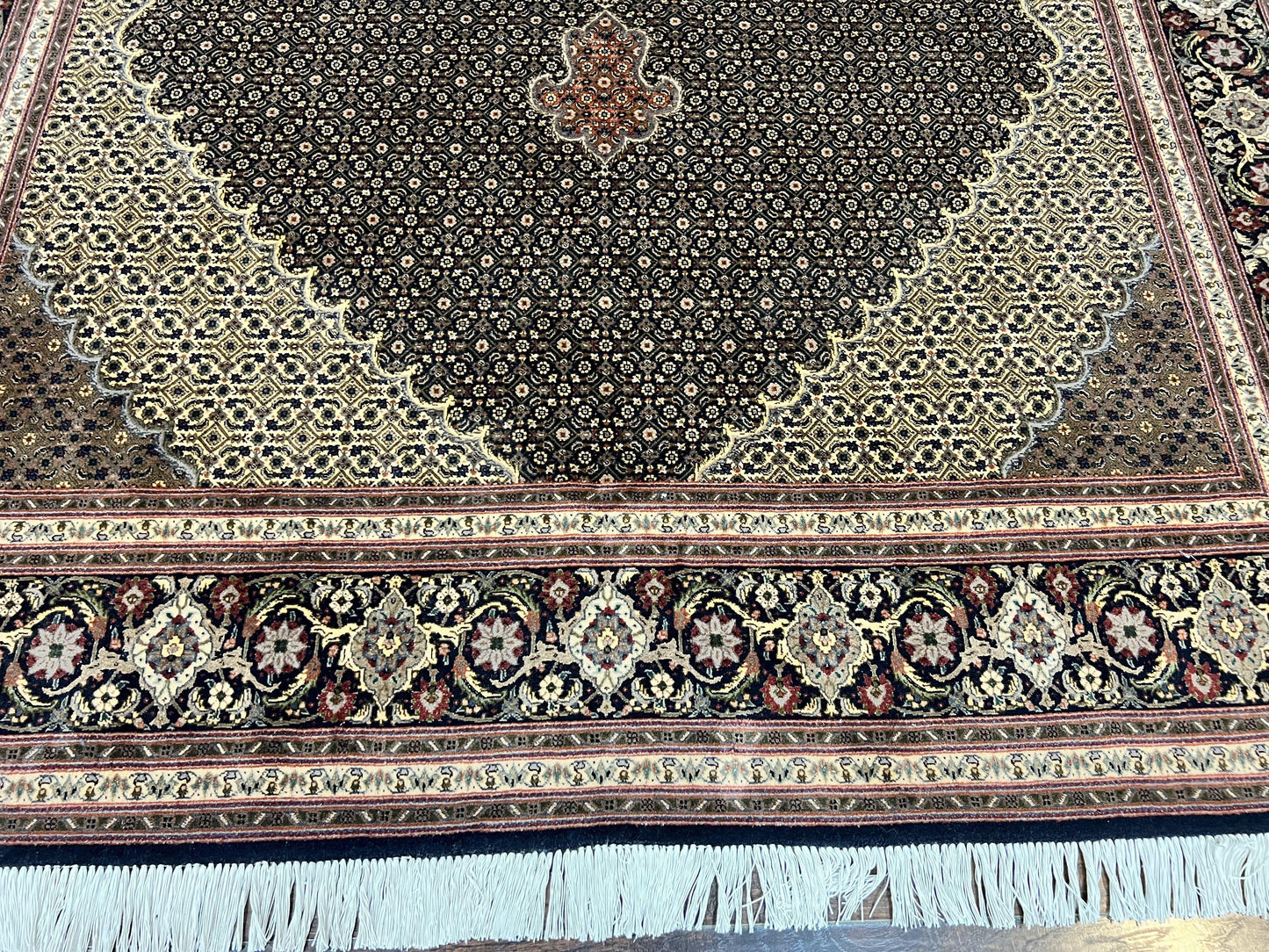 Persian Tabriz Rug 7x10, Very Fine 330 KPSI 50 Raj, Black and Beige, Handmade Wool Vintage Persian Carpet - Nuvé