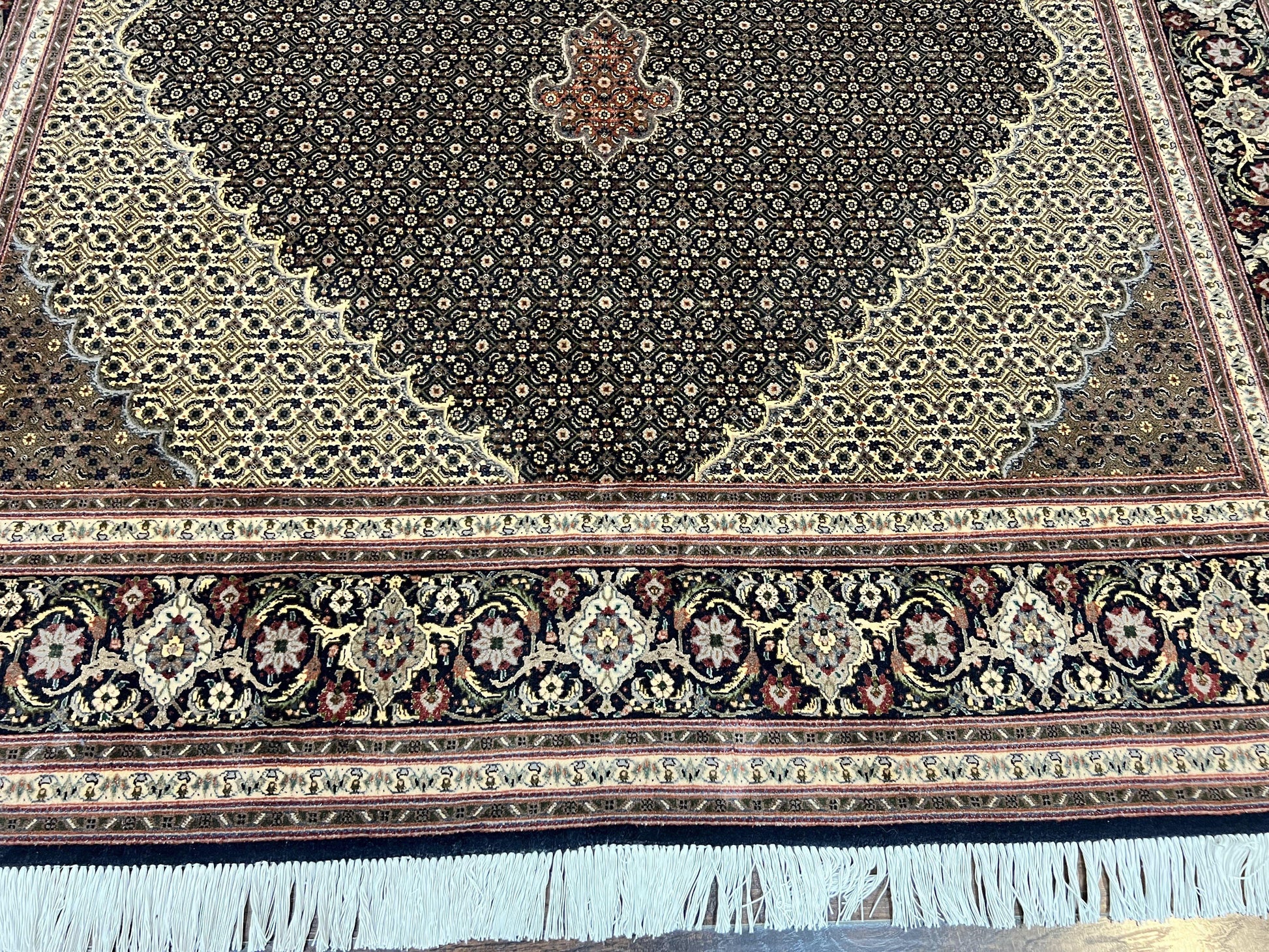 Persian Tabriz Rug 7x10, Very Fine 330 KPSI 50 Raj, Black and Beige, Handmade Wool Vintage Persian Carpet - Nuvé