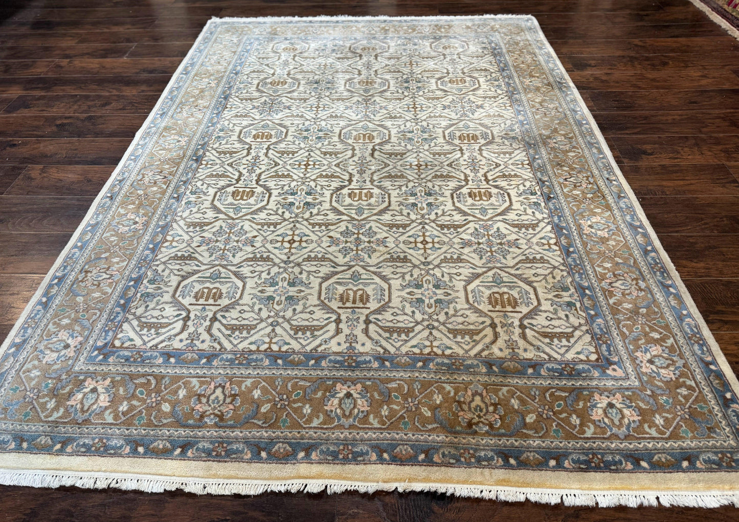 Indo Persian Rug 6x9, Beige, Allover Pattern, Vintage Wool Oriental Carpet - Nuvé